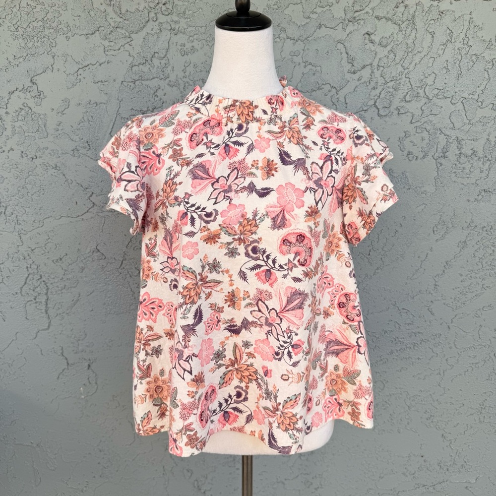 Who What Wear Tea Party Blooms Pink Floral Flutter Sleeve Mock Neck Top L